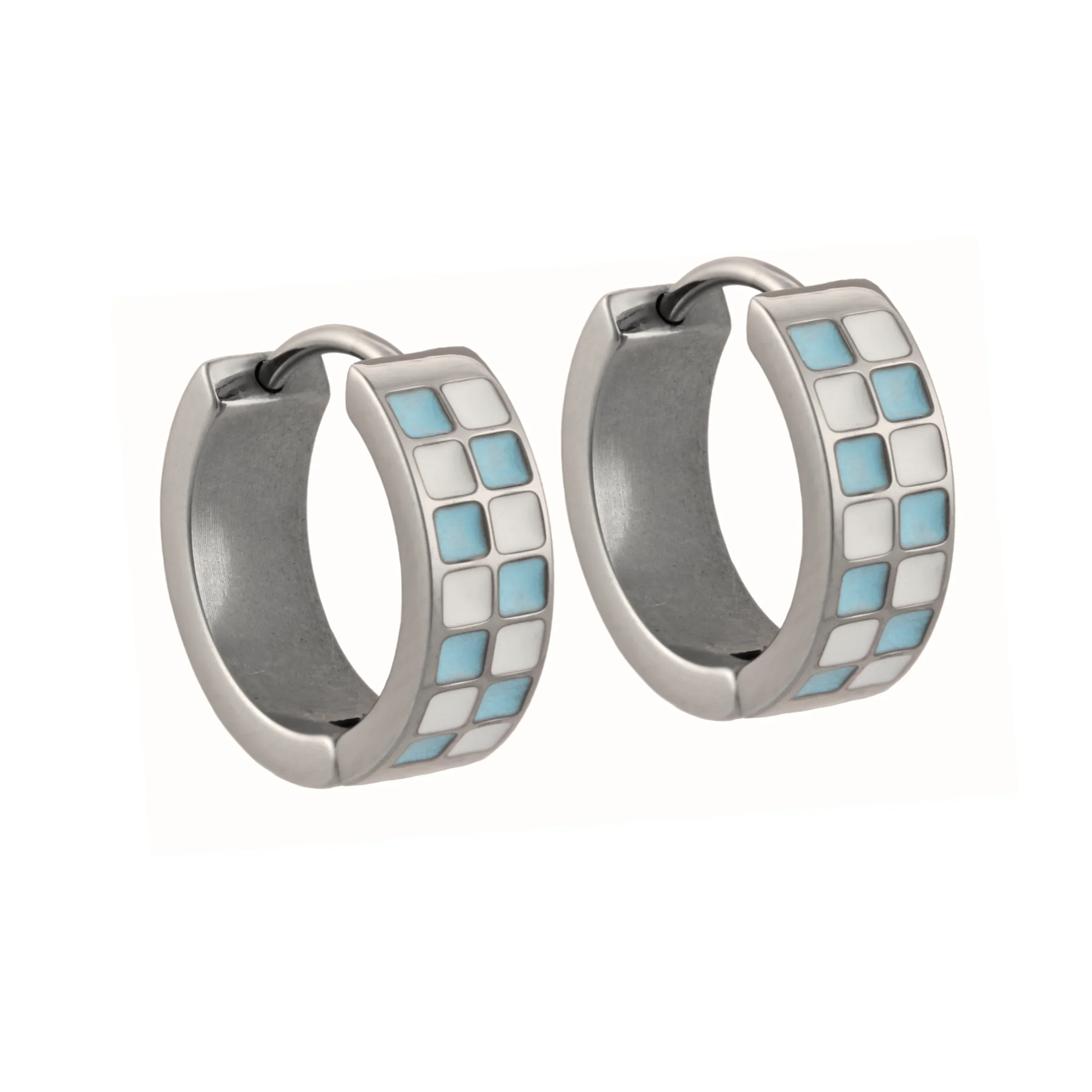Sky Blue Checker Enamel Titanium Hoops - Image 3