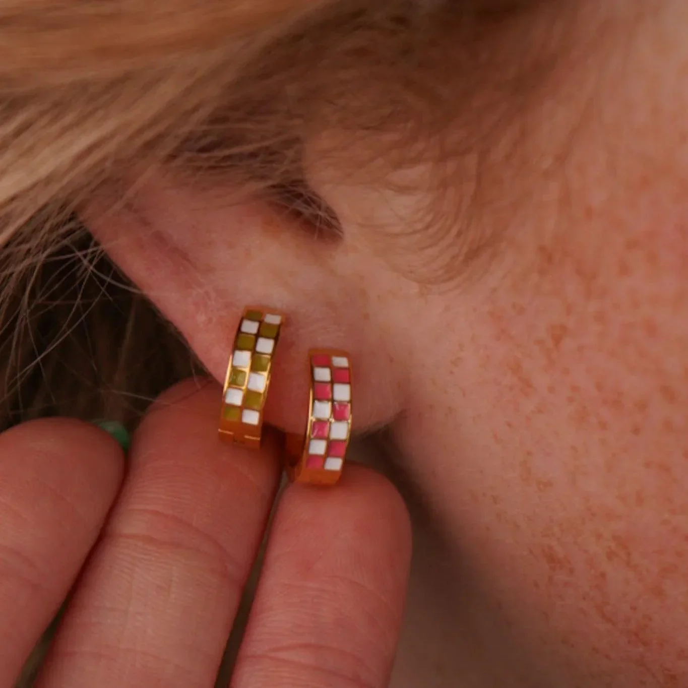 Green Checker Titanium Hoops - Image 3