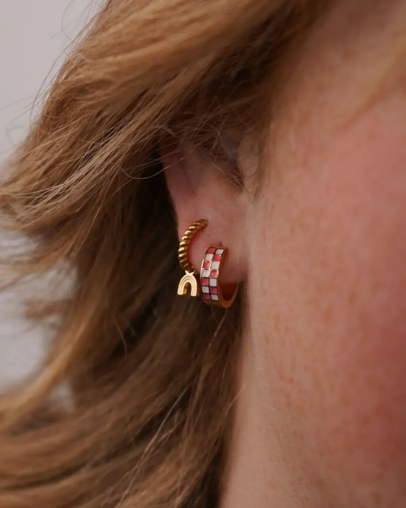 Pink Checker Titanium Hoops - Image 4